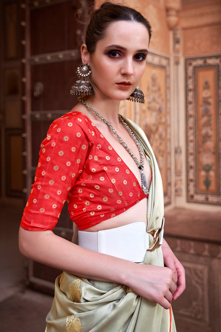 Beige Woven Satin Silk Saree With Contrast Brocade Blouse