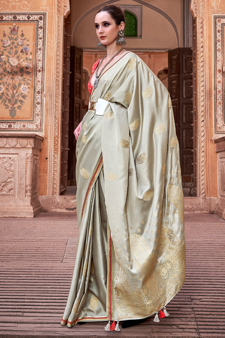 Beige Woven Satin Silk Saree With Contrast Brocade Blouse