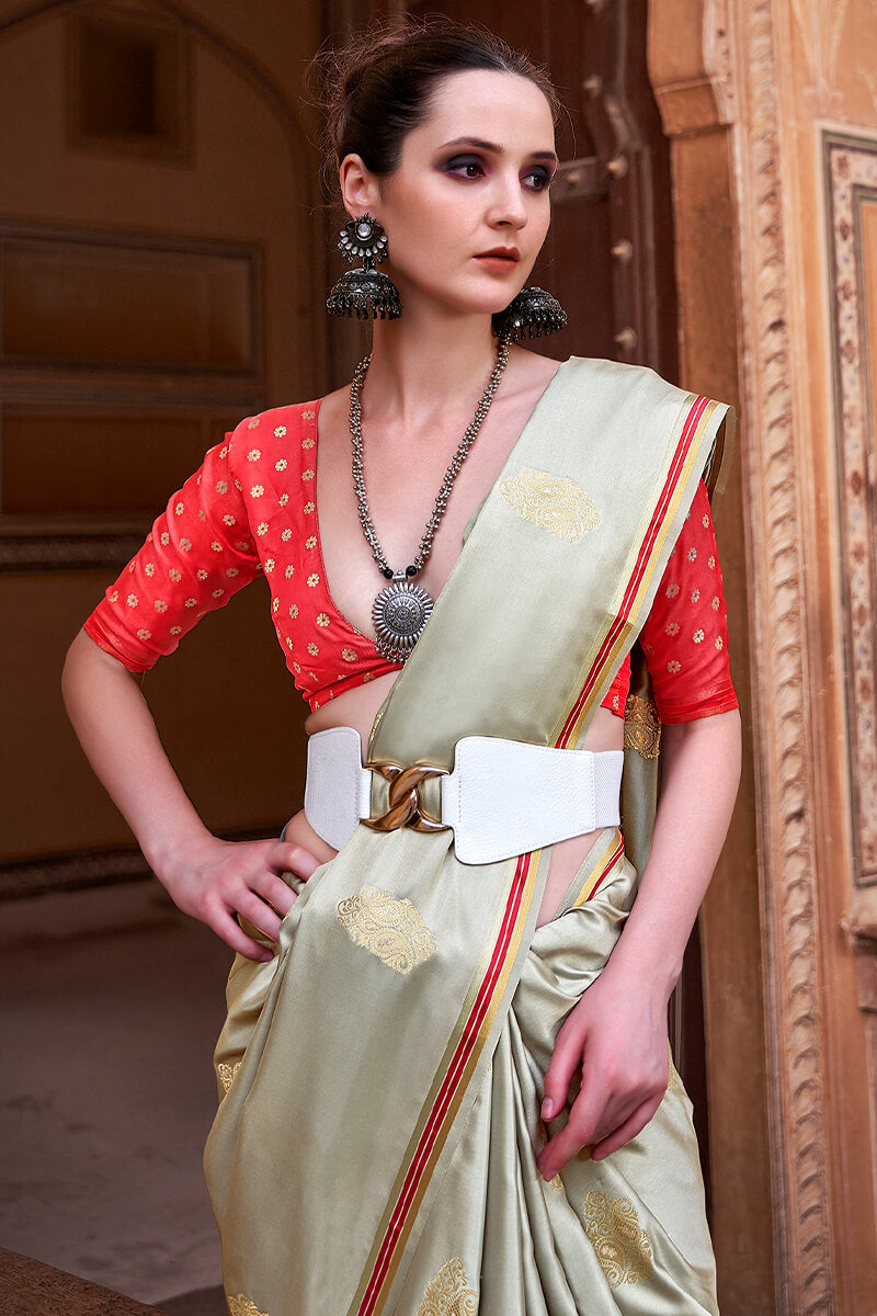 Beige Woven Satin Silk Saree With Contrast Brocade Blouse