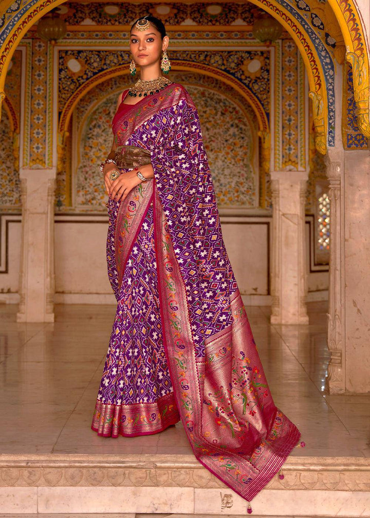 Grape Purple Patola Printed Designer Silk Saree | Stitched Blouse - qivii