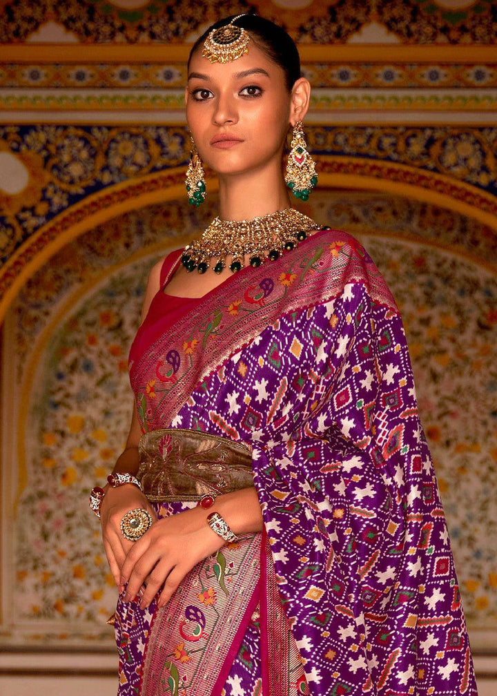 Grape Purple Patola Printed Designer Silk Saree | Stitched Blouse - qivii