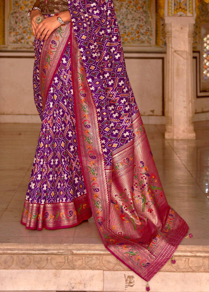 Grape Purple Patola Printed Designer Silk Saree | Stitched Blouse - qivii