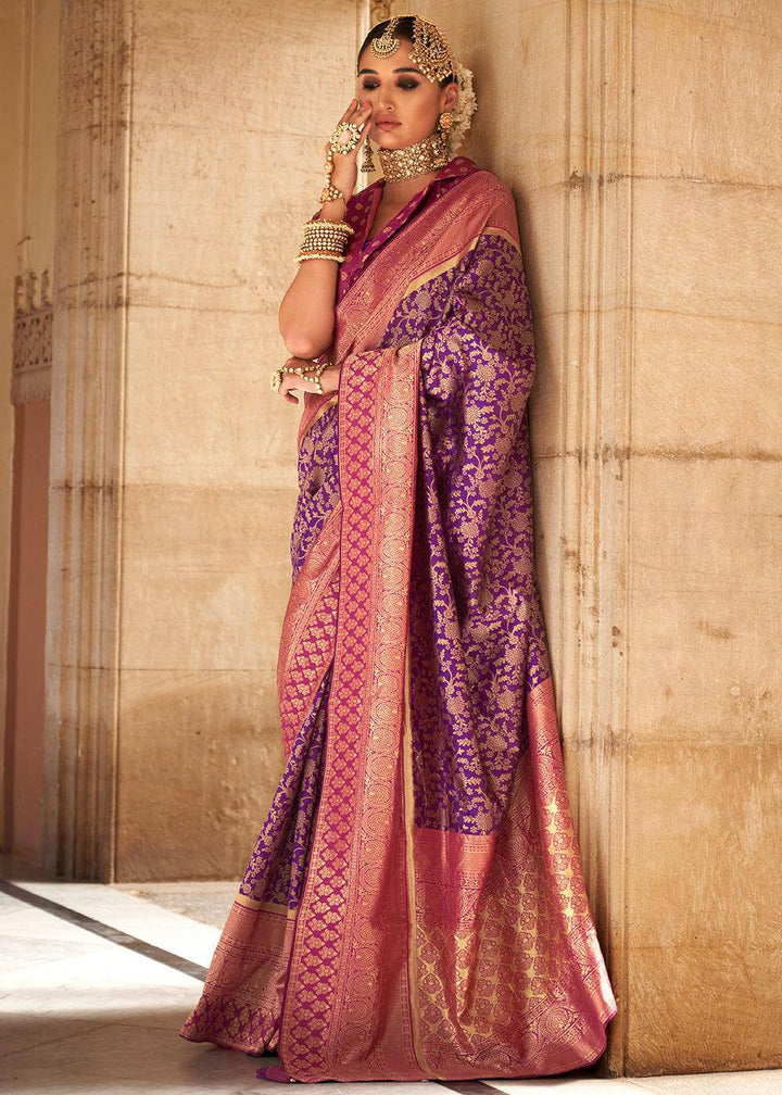 Grape Purple Zari Woven Banarasi Silk Saree | Stitched Blouse - qivii