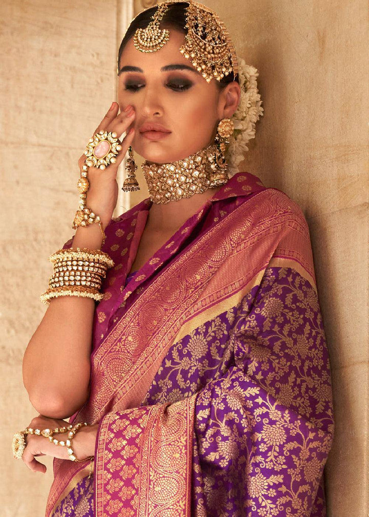 Grape Purple Zari Woven Banarasi Silk Saree | Stitched Blouse - qivii