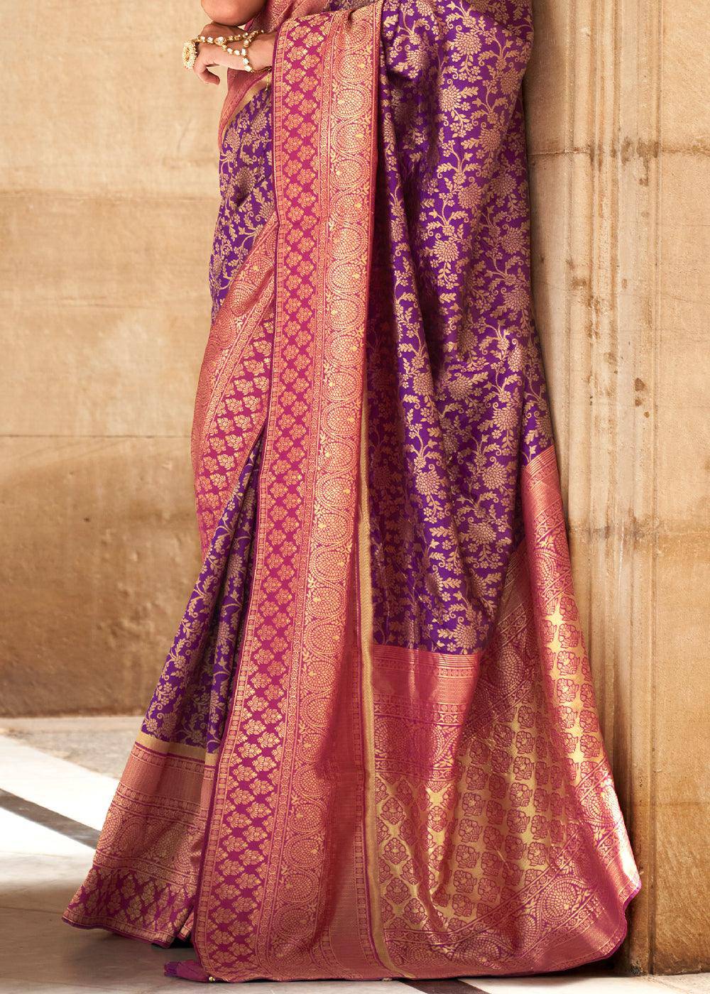 Grape Purple Zari Woven Banarasi Silk Saree | Stitched Blouse - qivii