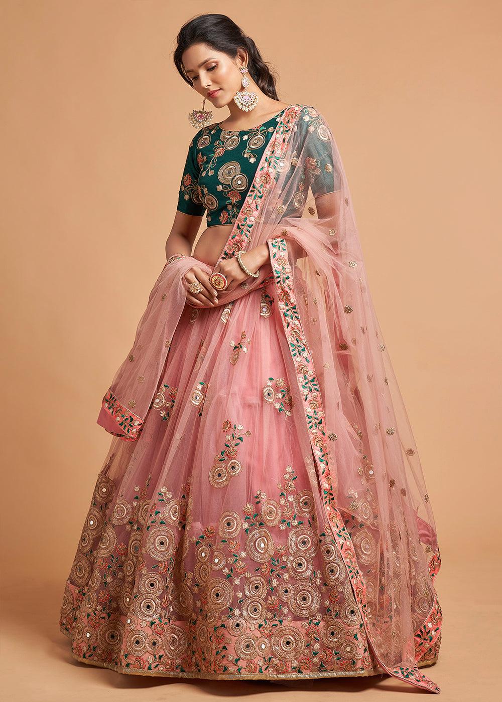 Grapefruit Pink Designer Soft Net Lehenga Choli with Zari, Dori, Thread & Sequins Embroidery work - qivii