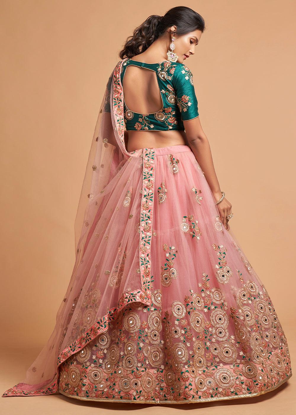 Grapefruit Pink Designer Soft Net Lehenga Choli with Zari, Dori, Thread & Sequins Embroidery work - qivii