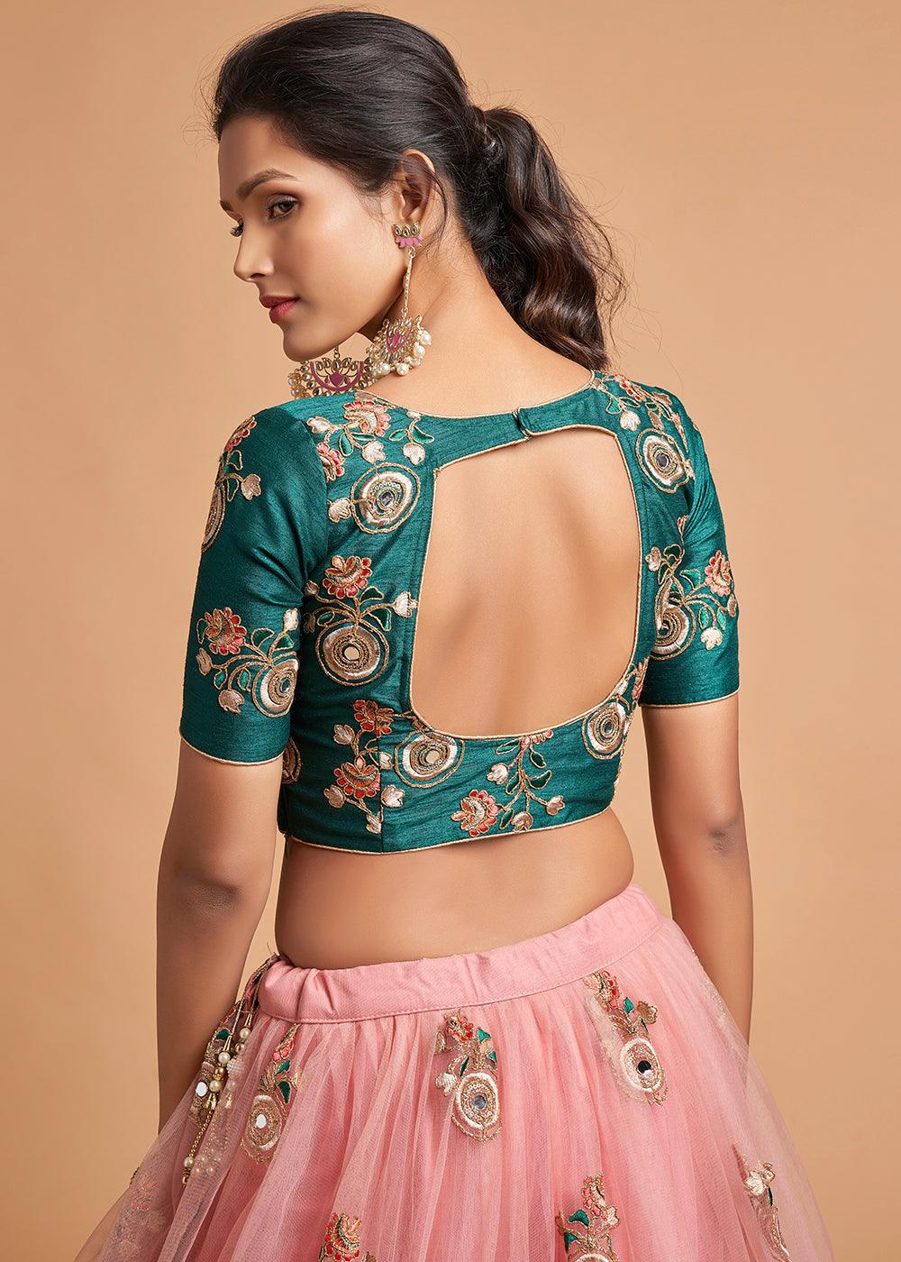 Grapefruit Pink Designer Soft Net Lehenga Choli with Zari, Dori, Thread & Sequins Embroidery work - qivii