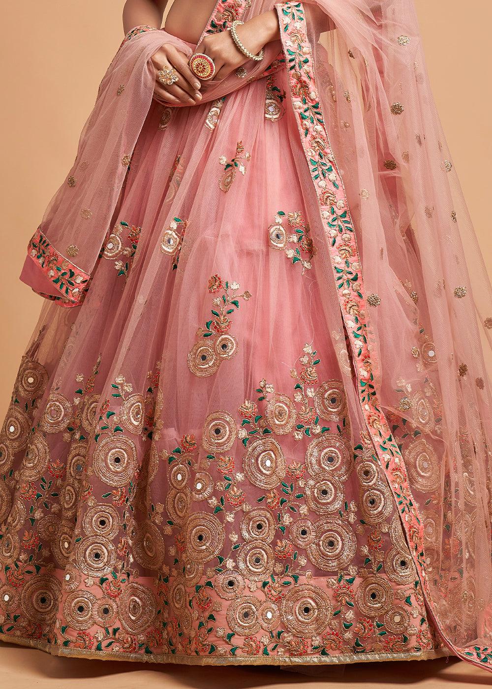 Grapefruit Pink Designer Soft Net Lehenga Choli with Zari, Dori, Thread & Sequins Embroidery work - qivii