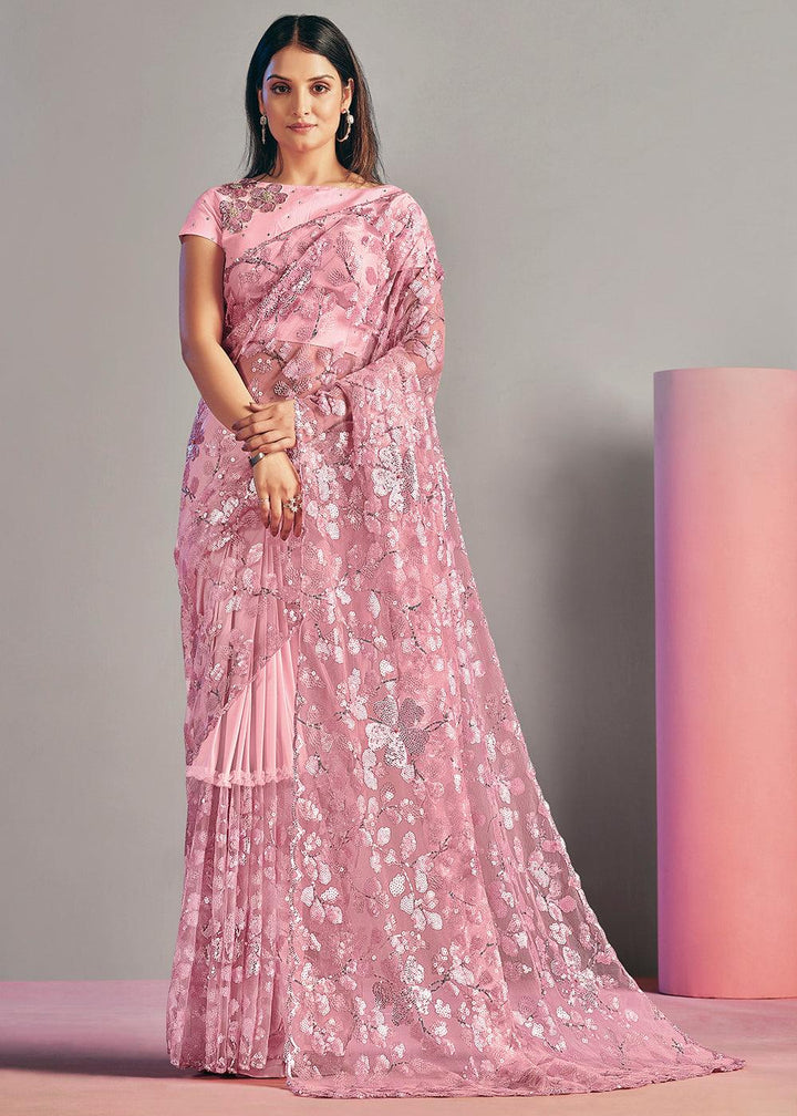 Grapefruit Pink Net & Lycra Saree with Sequins Embroidery work | Stitched Blouse - qivii