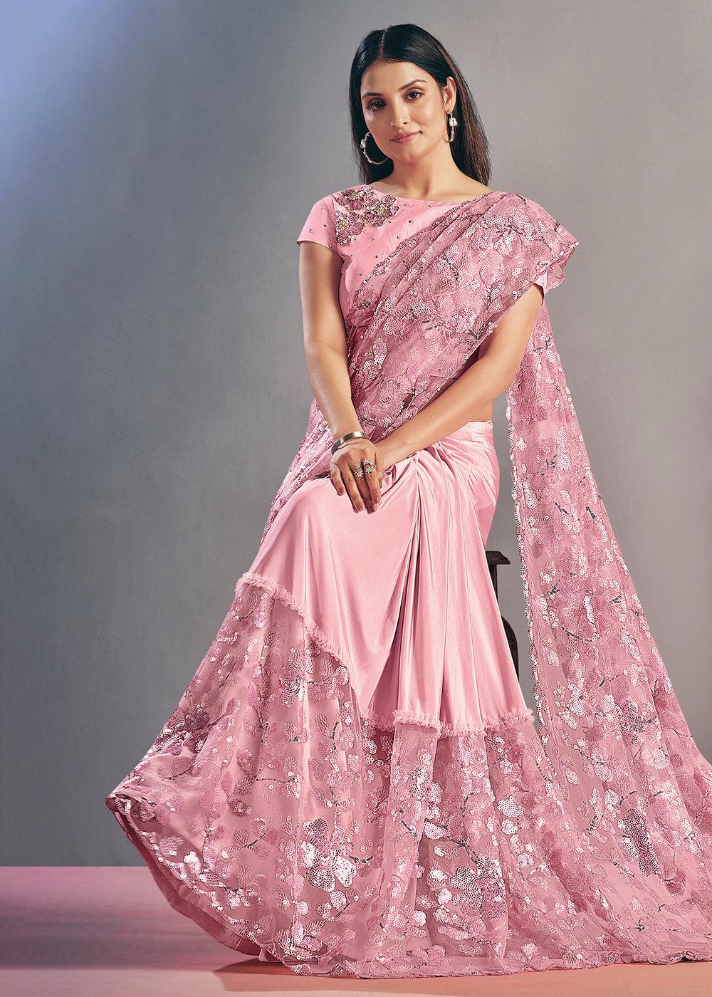 Grapefruit Pink Net & Lycra Saree with Sequins Embroidery work | Stitched Blouse - qivii