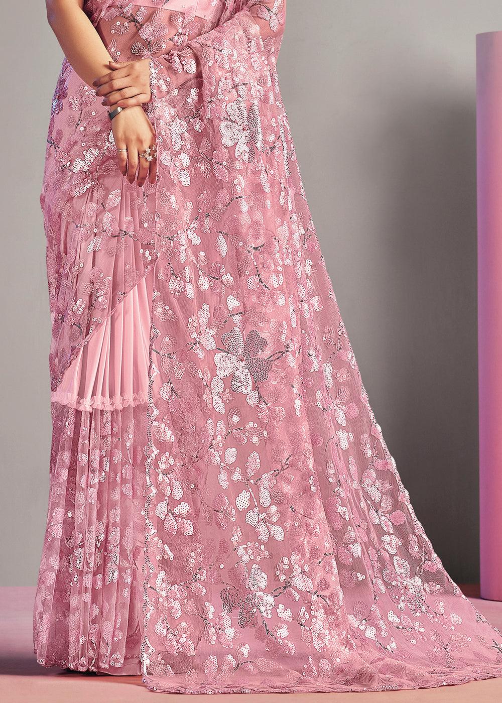 Grapefruit Pink Net & Lycra Saree with Sequins Embroidery work | Stitched Blouse - qivii