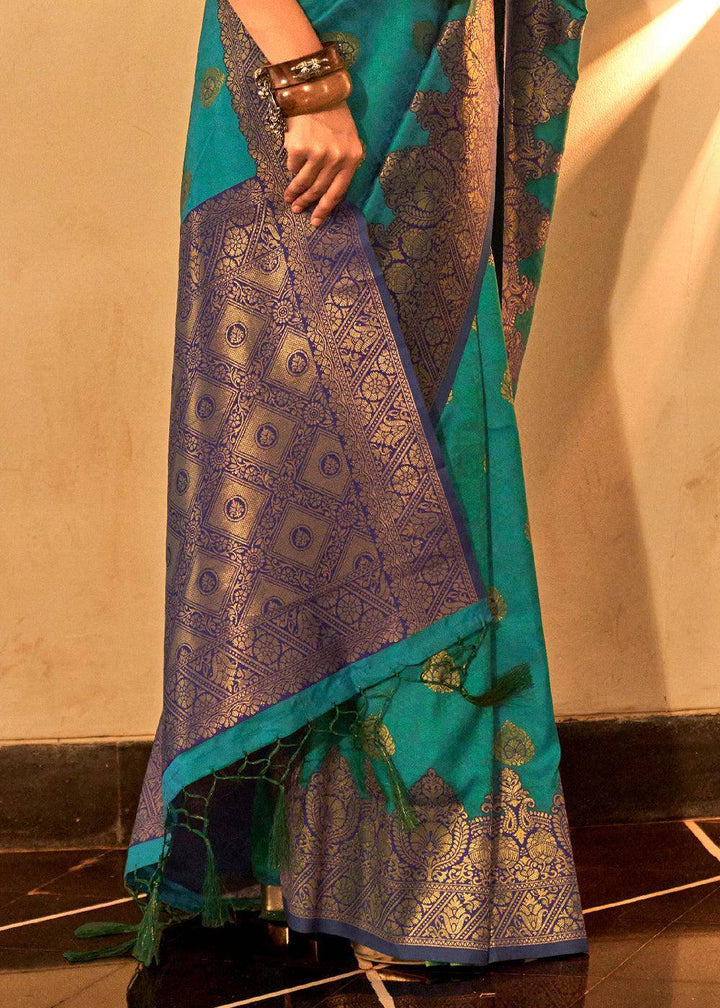 Greasy Green Handloom Woven Banarasi Silk Saree | Stitched Blouse - qivii