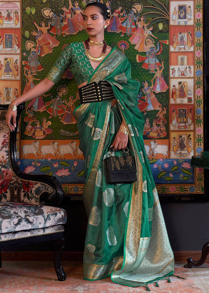 Greasy Green Handloom Woven Dual Tone Organza Silk Saree with Sequins Work | Stitched Blouse - qivii