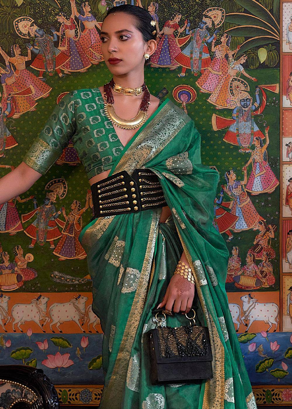 Greasy Green Handloom Woven Dual Tone Organza Silk Saree with Sequins Work | Stitched Blouse - qivii