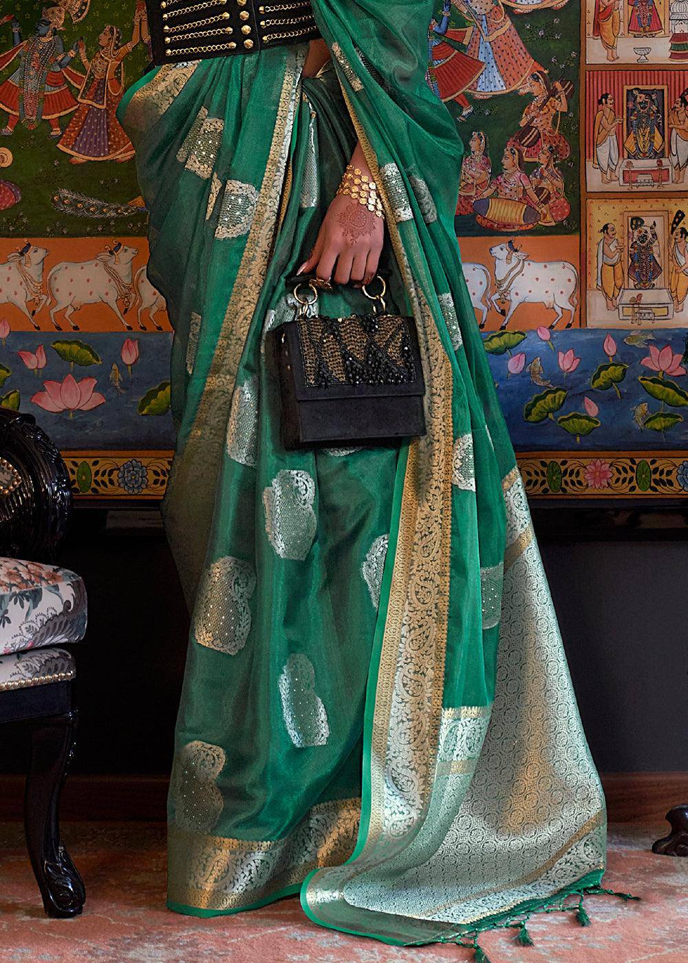 Greasy Green Handloom Woven Dual Tone Organza Silk Saree with Sequins Work | Stitched Blouse - qivii