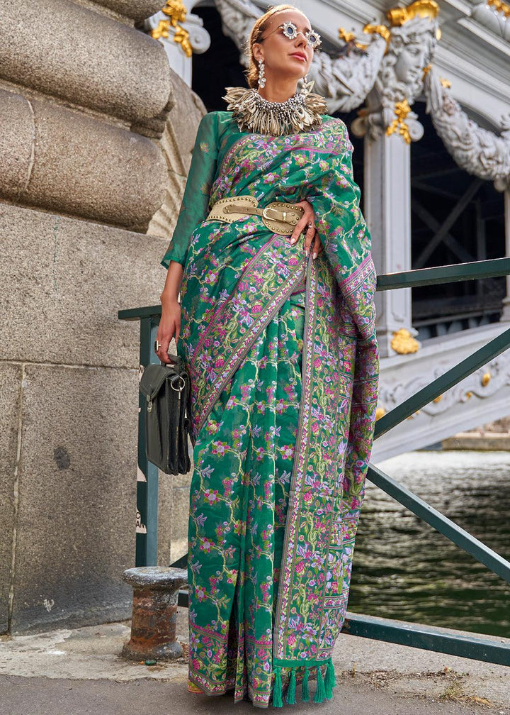 Greasy Green Parsi Handloom Woven Organza Silk Saree - qivii