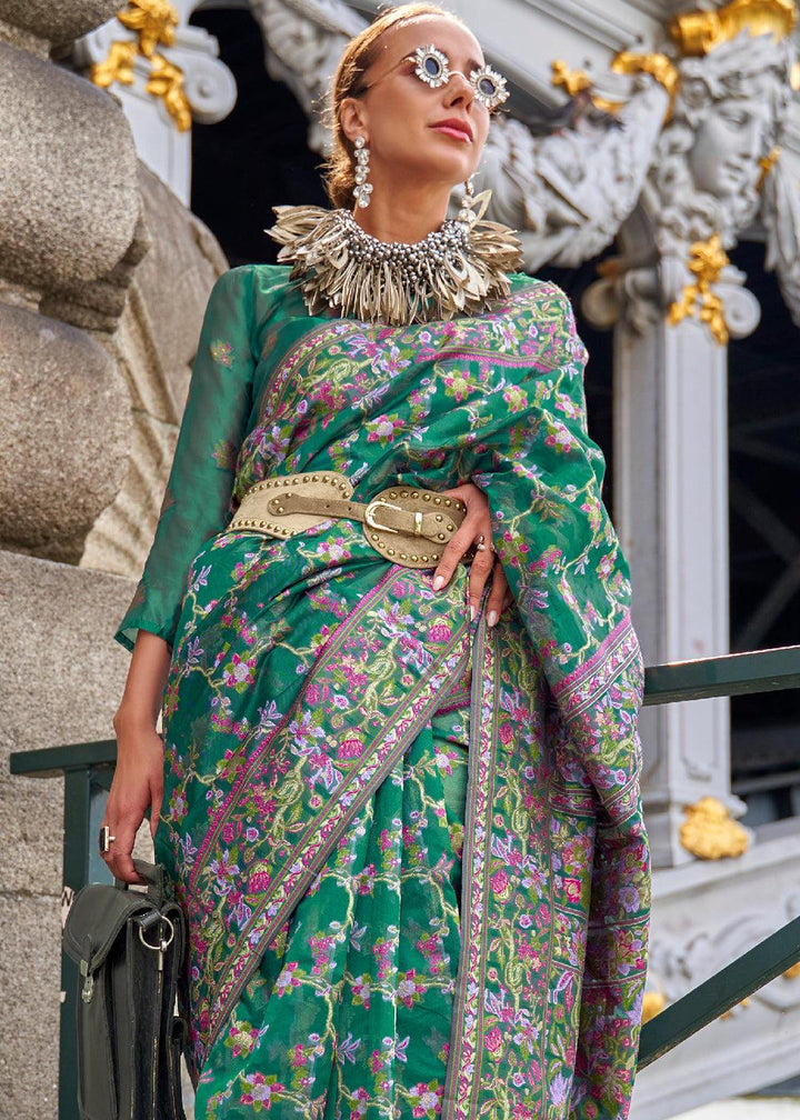 Greasy Green Parsi Handloom Woven Organza Silk Saree - qivii