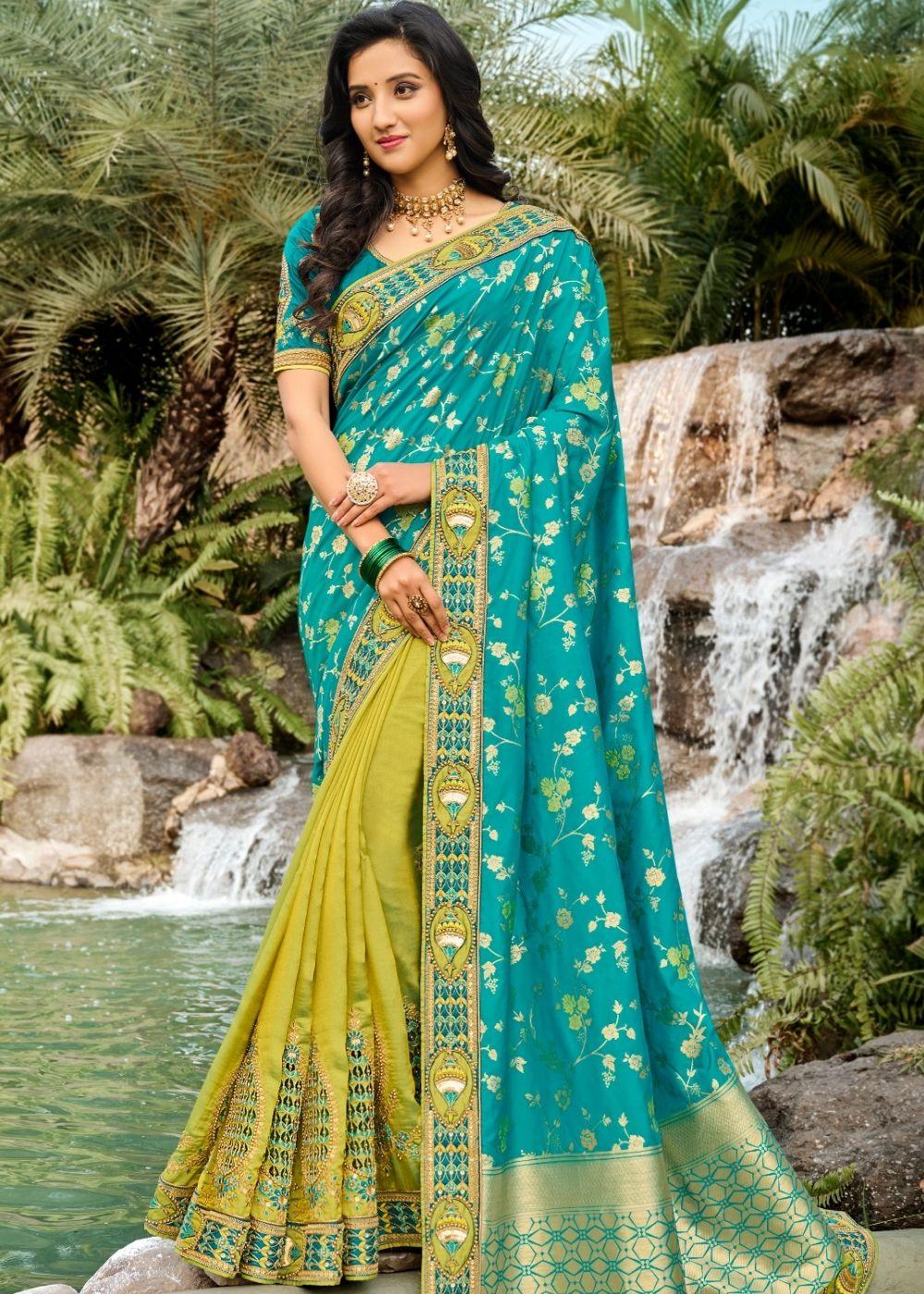 Green and Blue Half N Half Silk Saree with Embroidered work | Stitched Blouse - qivii