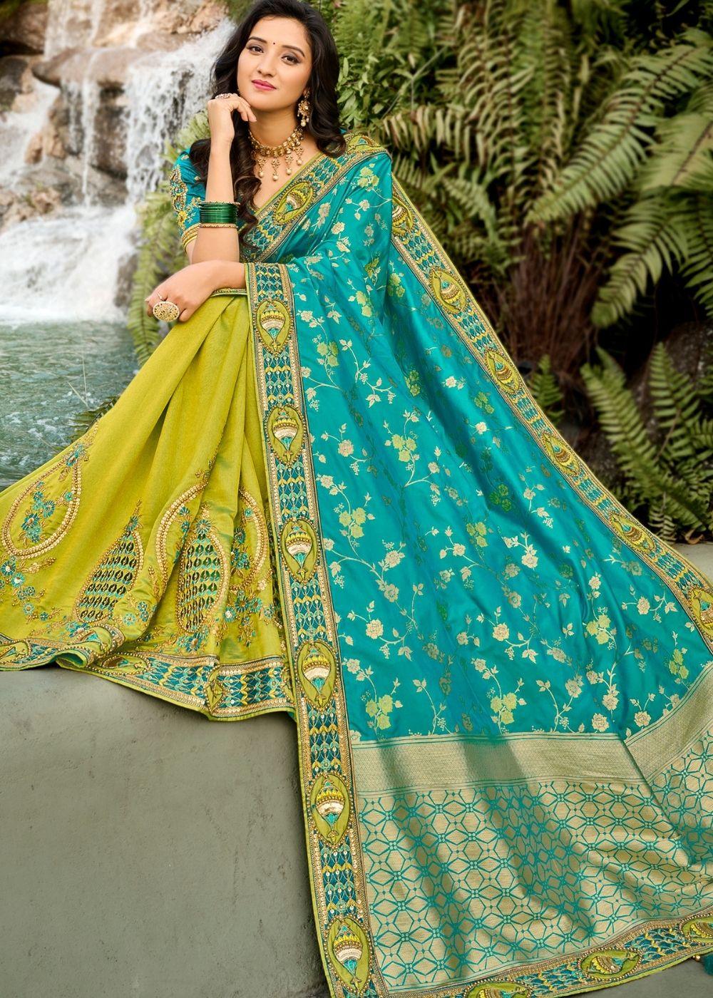 Green and Blue Half N Half Silk Saree with Embroidered work | Stitched Blouse - qivii