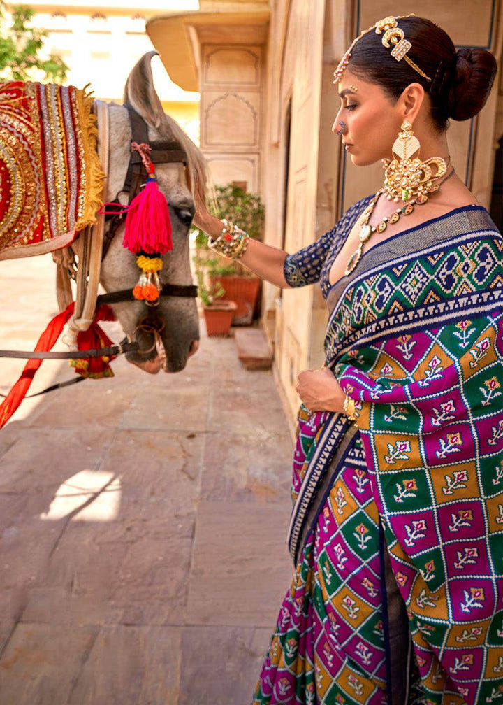 Green & Blue Patola Printed Designer Silk Saree | Stitched Blouse - qivii