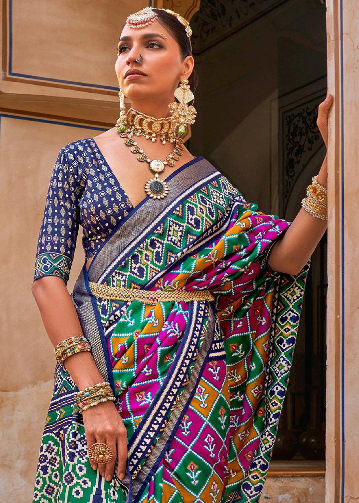 Green & Blue Patola Printed Designer Silk Saree | Stitched Blouse - qivii