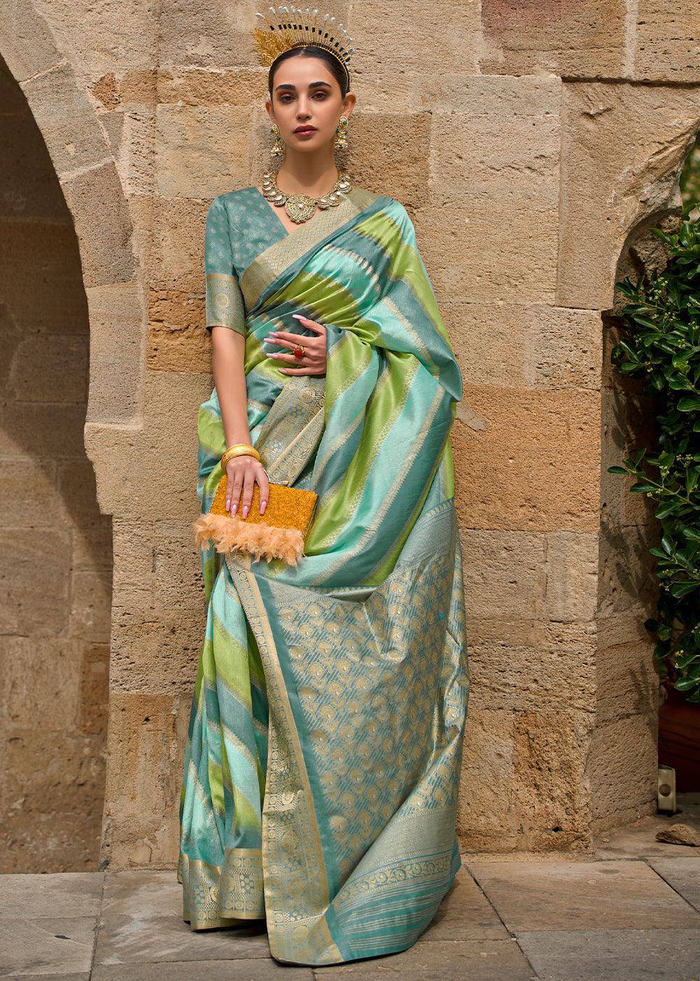 Green & Blue Viscose Silk Saree with Aqua Finish work | Stitched Blouse - qivii