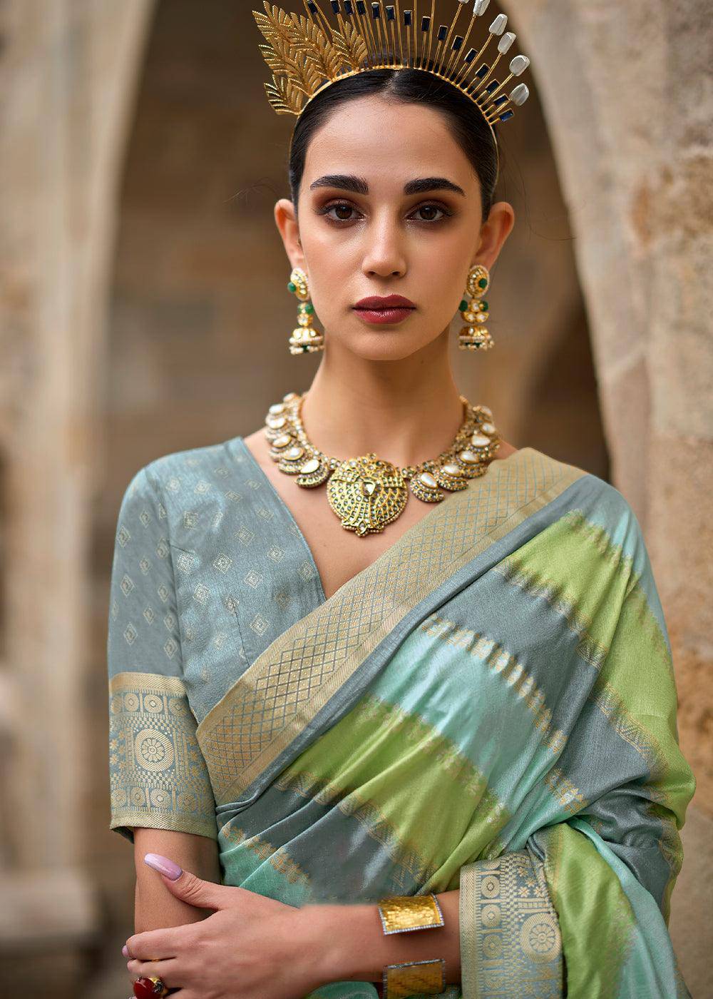 Green & Blue Viscose Silk Saree with Aqua Finish work | Stitched Blouse - qivii