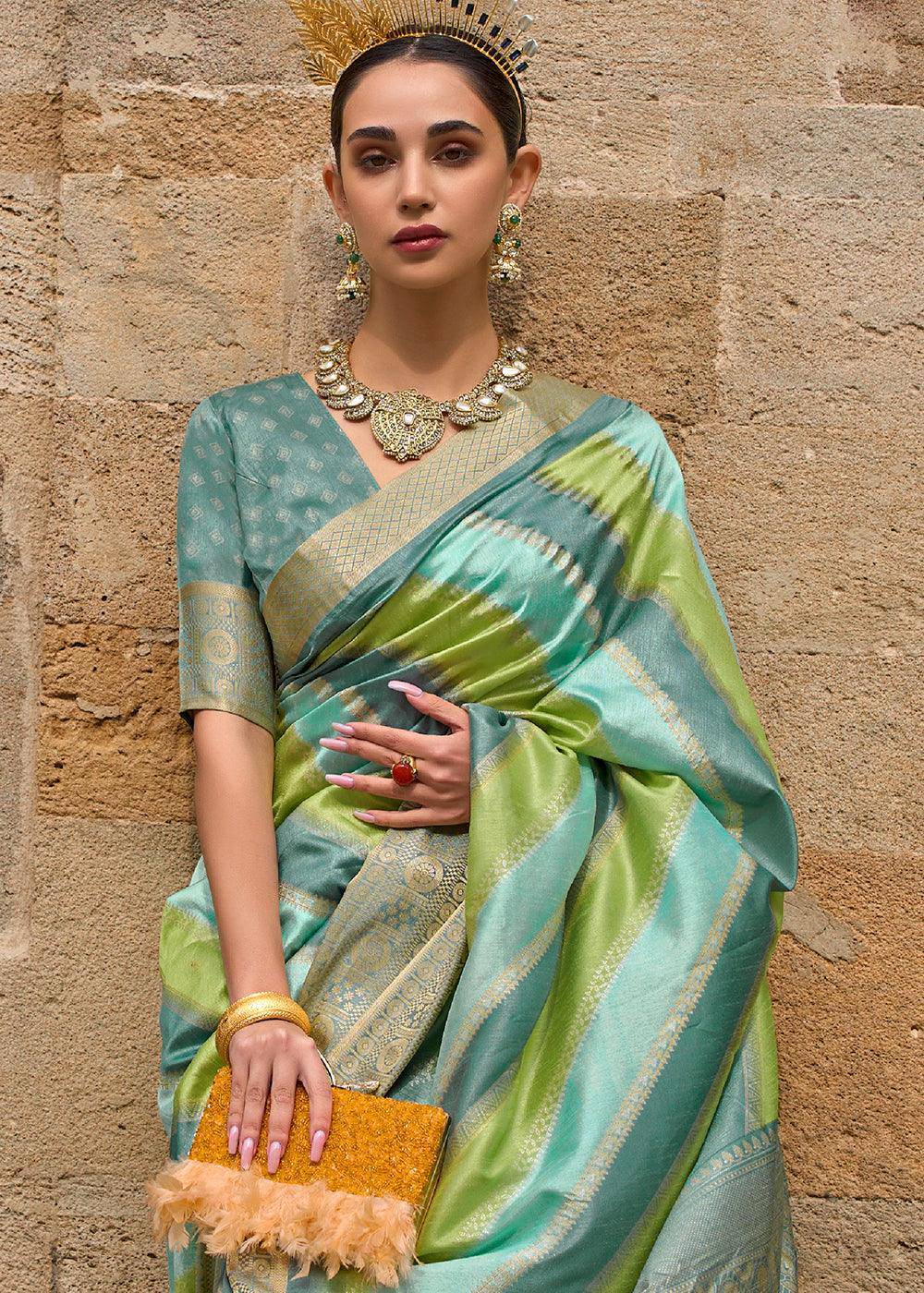 Green & Blue Viscose Silk Saree with Aqua Finish work | Stitched Blouse - qivii