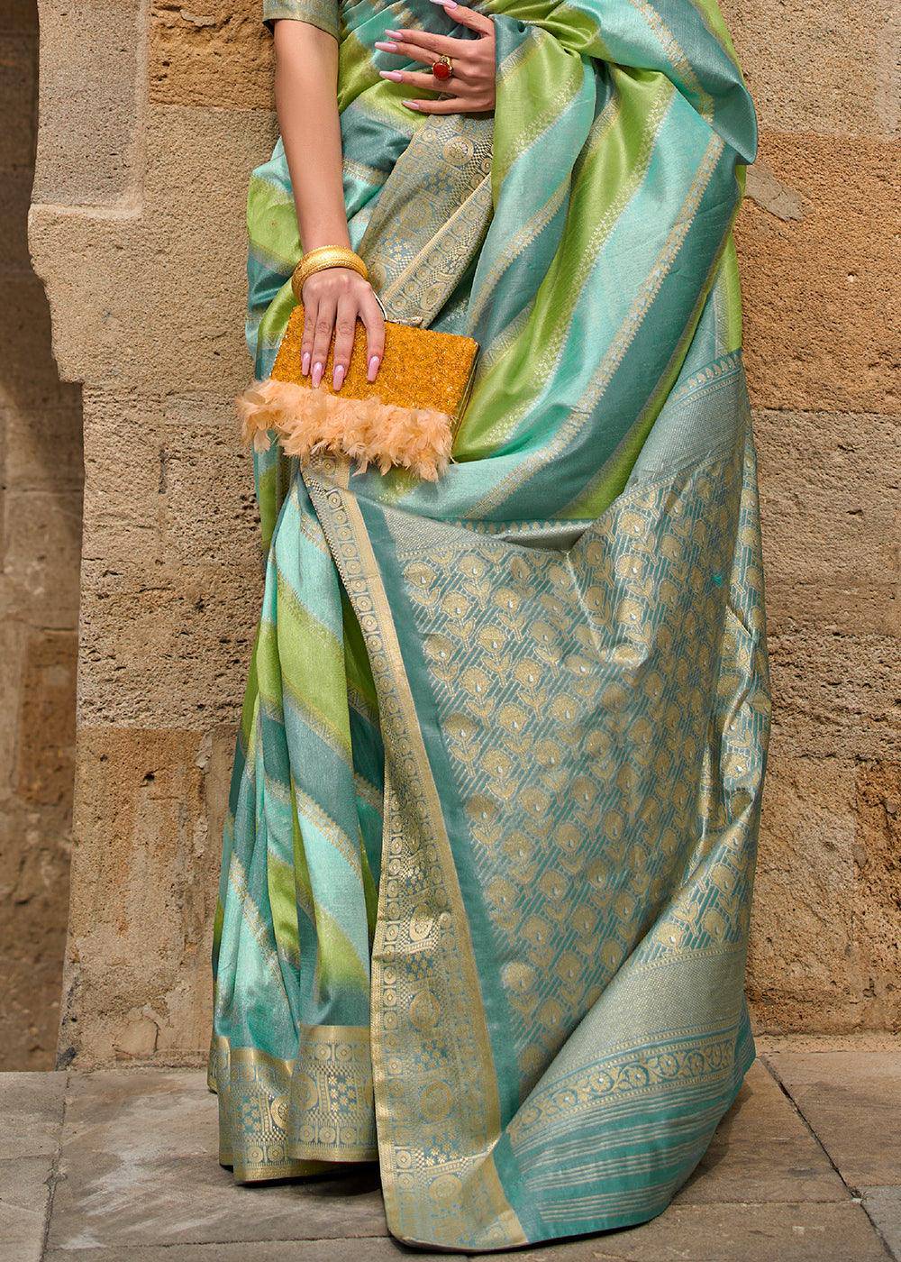 Green & Blue Viscose Silk Saree with Aqua Finish work | Stitched Blouse - qivii