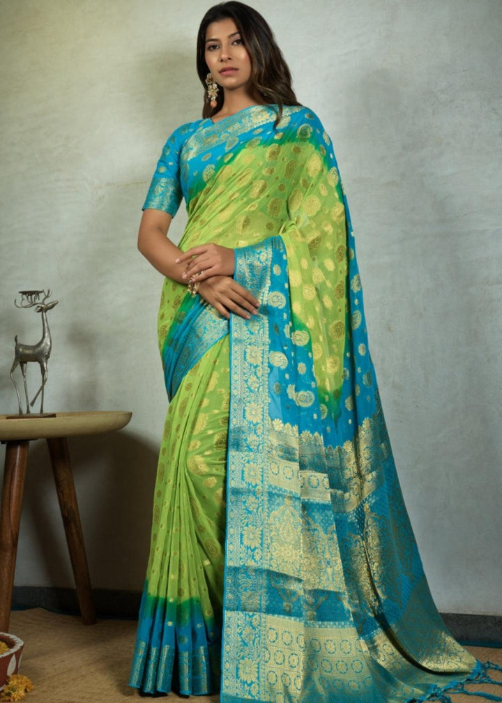 Green & Blue Zari Woven Chiffon Silk Saree | Stitched Blouse - qivii