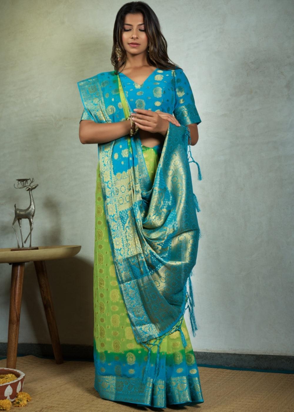 Green & Blue Zari Woven Chiffon Silk Saree | Stitched Blouse - qivii