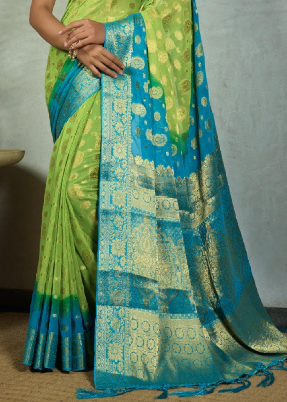 Green & Blue Zari Woven Chiffon Silk Saree | Stitched Blouse - qivii