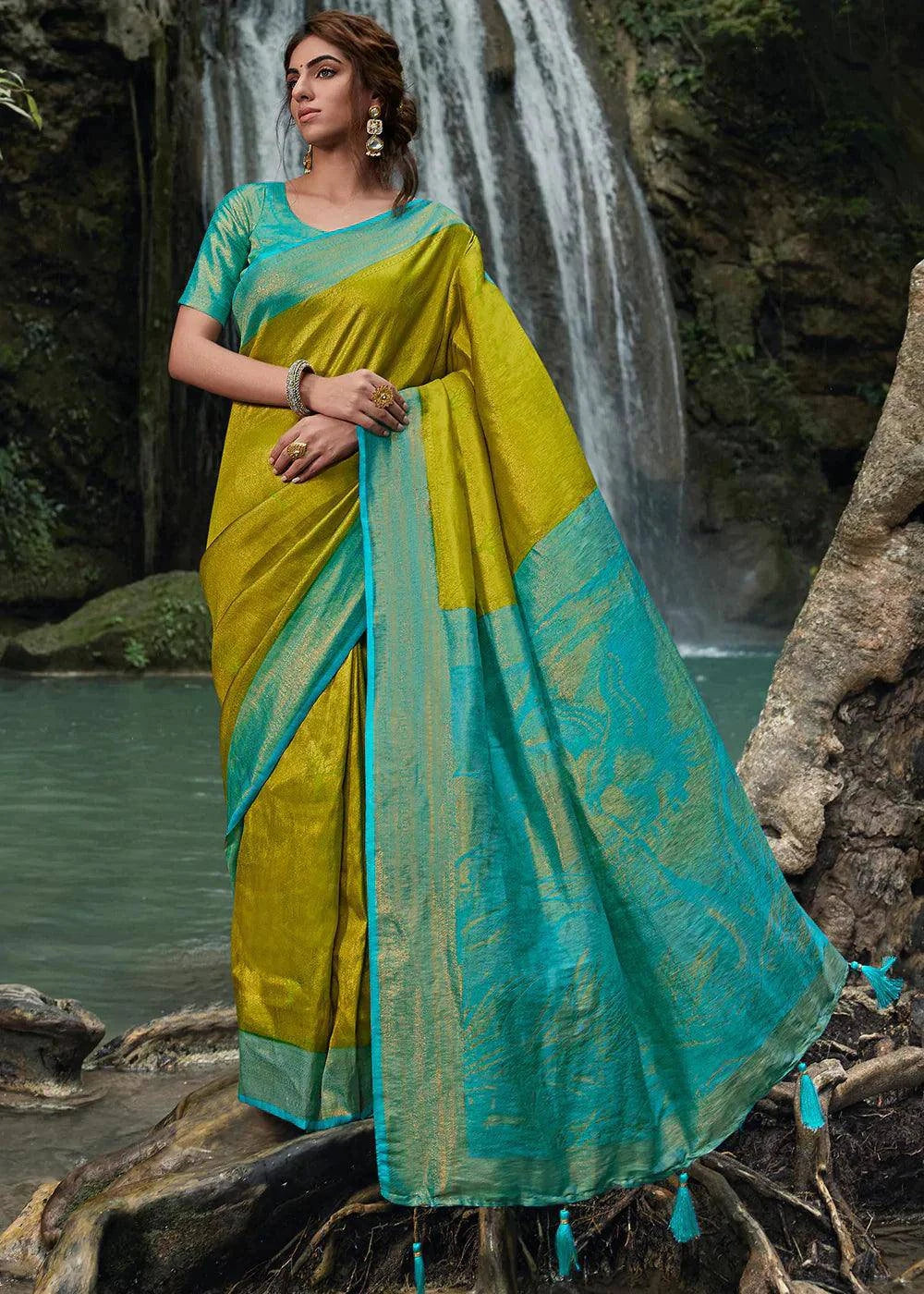 Green & Blue Zari Woven Kanjivaram Silk Saree | Stitched Blouse - qivii