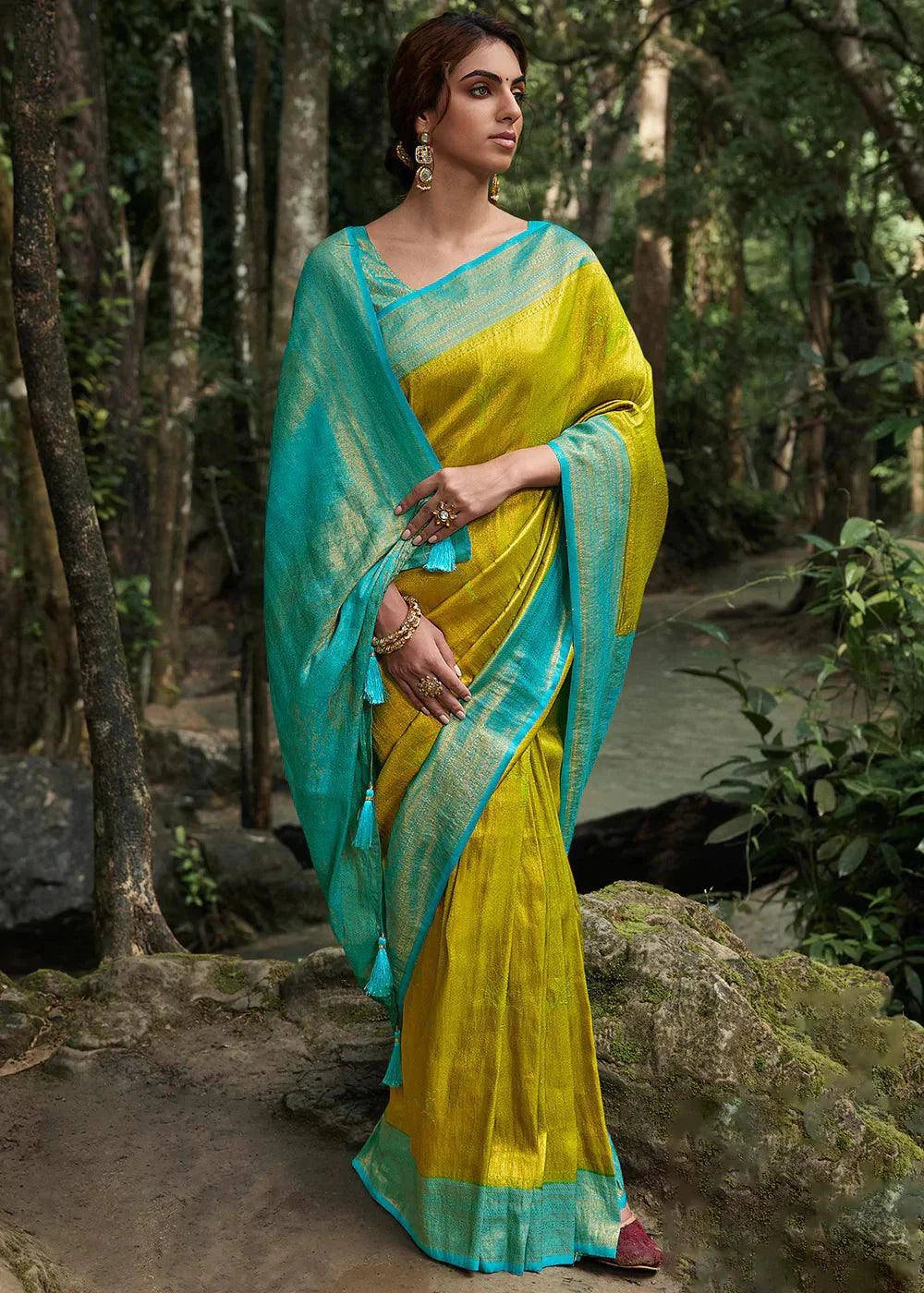 Green & Blue Zari Woven Kanjivaram Silk Saree | Stitched Blouse - qivii