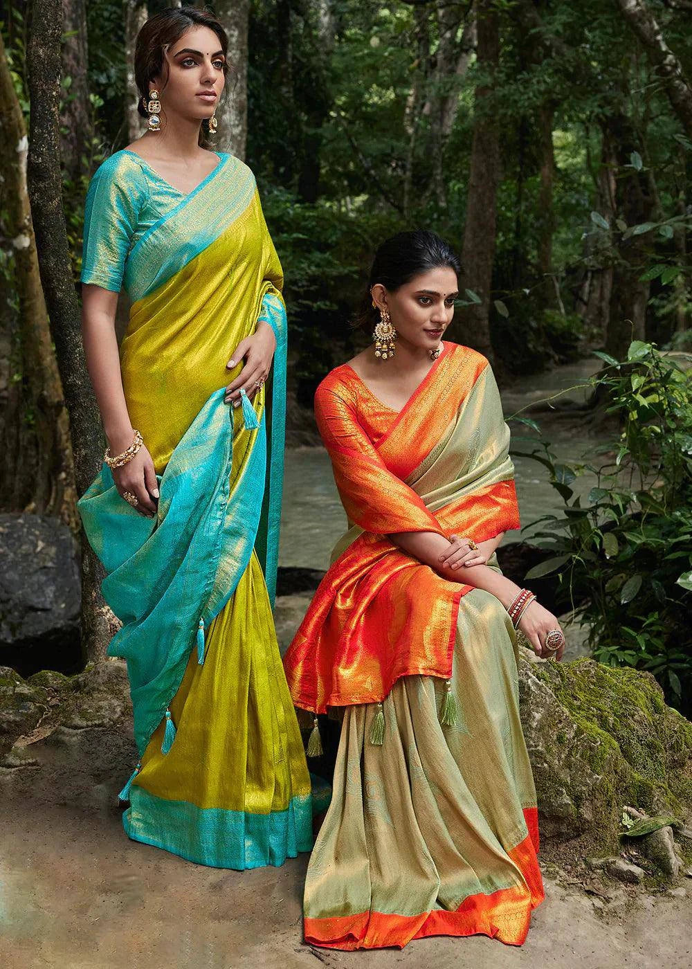 Green & Blue Zari Woven Kanjivaram Silk Saree | Stitched Blouse - qivii