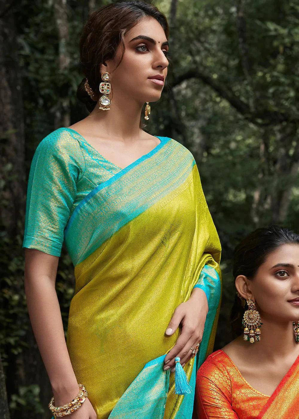 Green & Blue Zari Woven Kanjivaram Silk Saree | Stitched Blouse - qivii