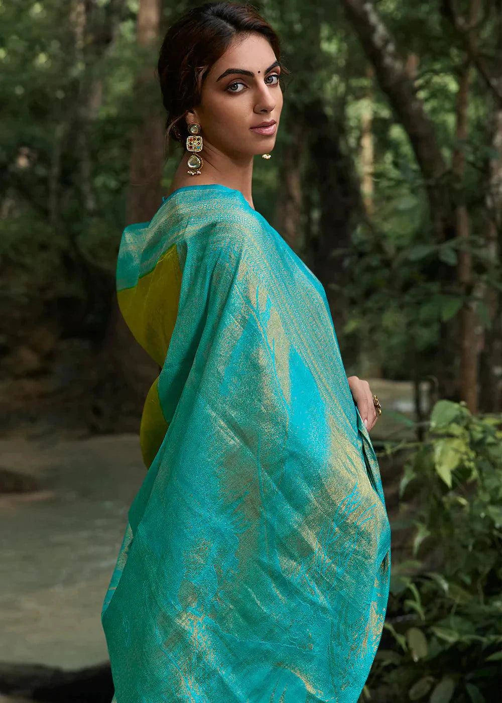 Green & Blue Zari Woven Kanjivaram Silk Saree | Stitched Blouse - qivii