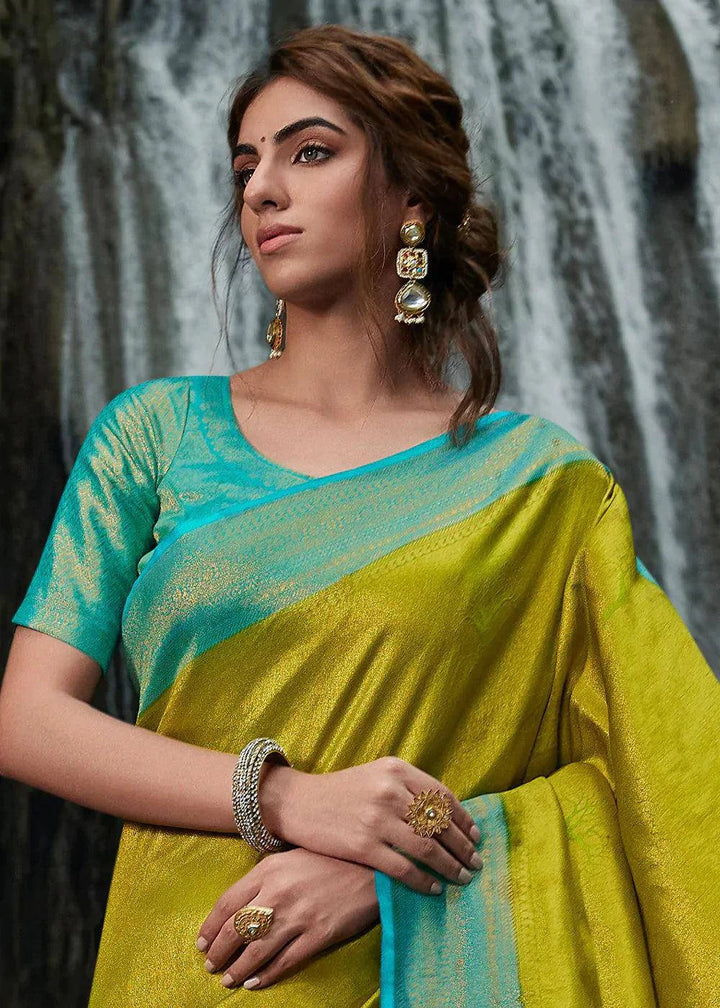 Green & Blue Zari Woven Kanjivaram Silk Saree | Stitched Blouse - qivii