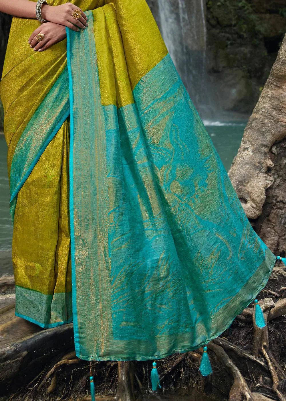 Green & Blue Zari Woven Kanjivaram Silk Saree | Stitched Blouse - qivii