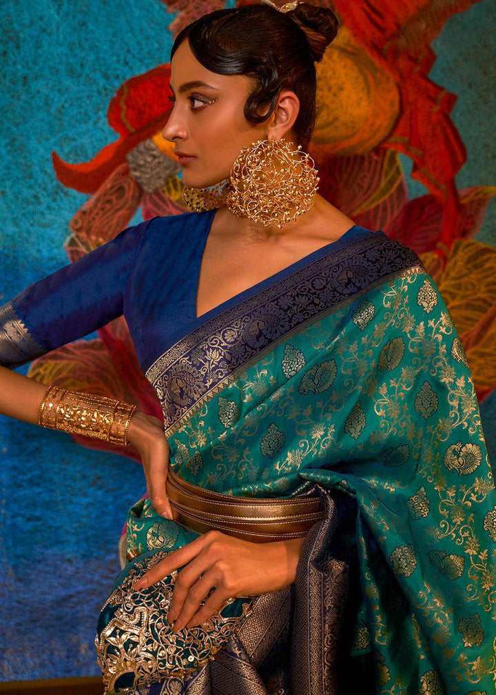 Green & Blue Zari Woven Soft Silk Saree | Stitched Blouse - qivii