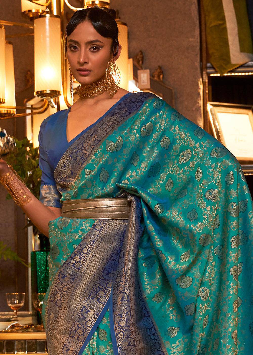 Green & Blue Zari Woven Soft Silk Saree | Stitched Blouse - qivii