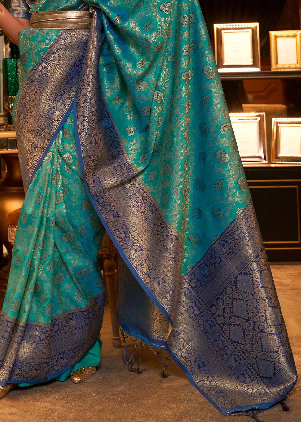 Green & Blue Zari Woven Soft Silk Saree | Stitched Blouse - qivii