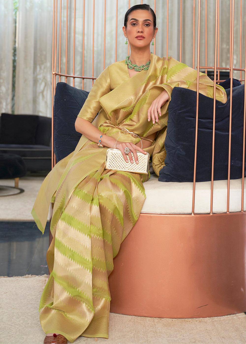 Green & Golden Woven Organza Silk Saree | Stitched Blouse - qivii