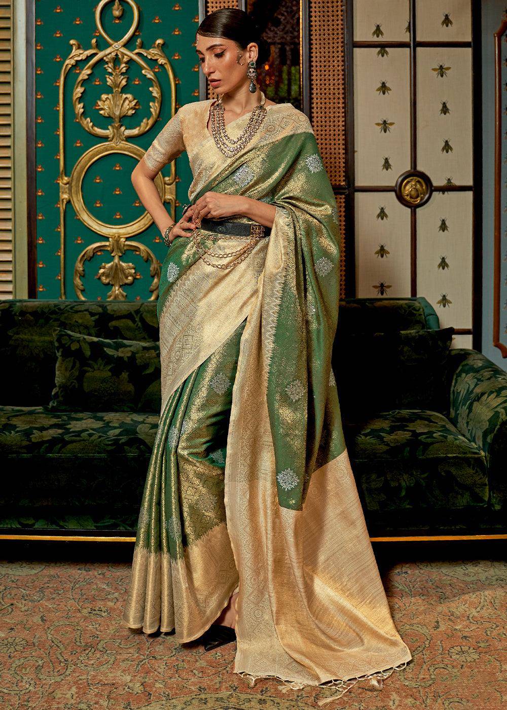 Green & Golden Zari Woven Silk Saree with Tassels on Pallu | Stitched Blouse - qivii