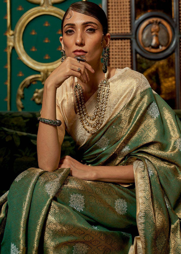 Green & Golden Zari Woven Silk Saree with Tassels on Pallu | Stitched Blouse - qivii