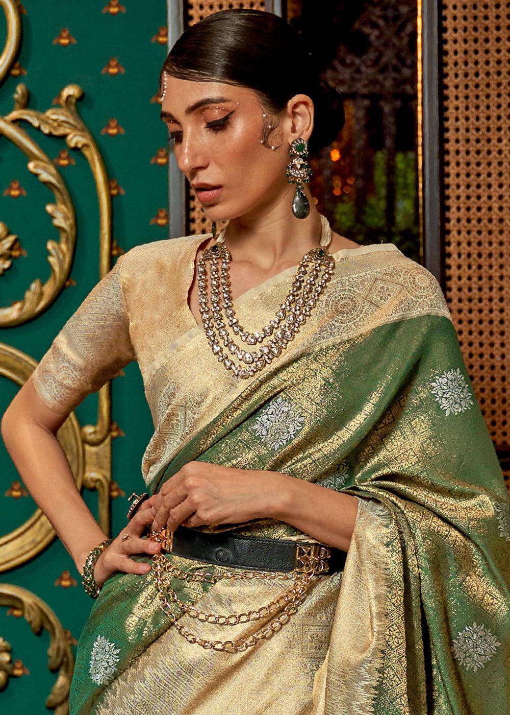 Green & Golden Zari Woven Silk Saree with Tassels on Pallu | Stitched Blouse - qivii