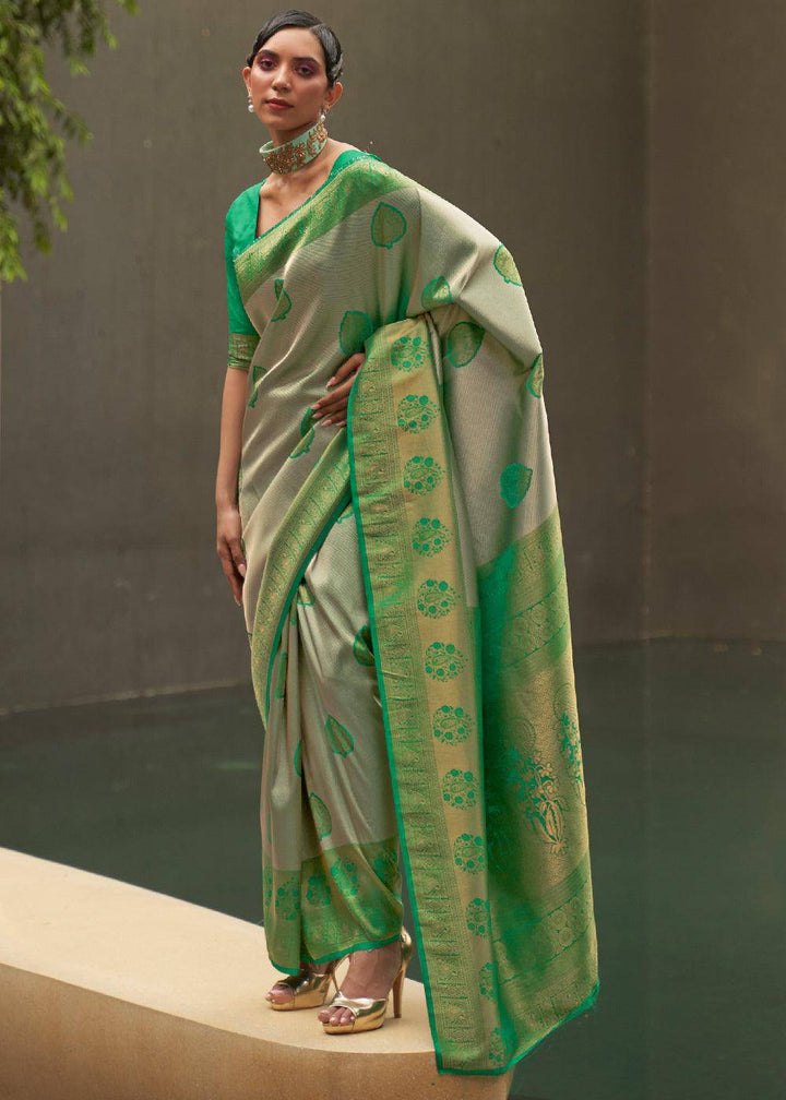 Green & Grey Two Tone Woven Silk Saree | Stitched Blouse - qivii