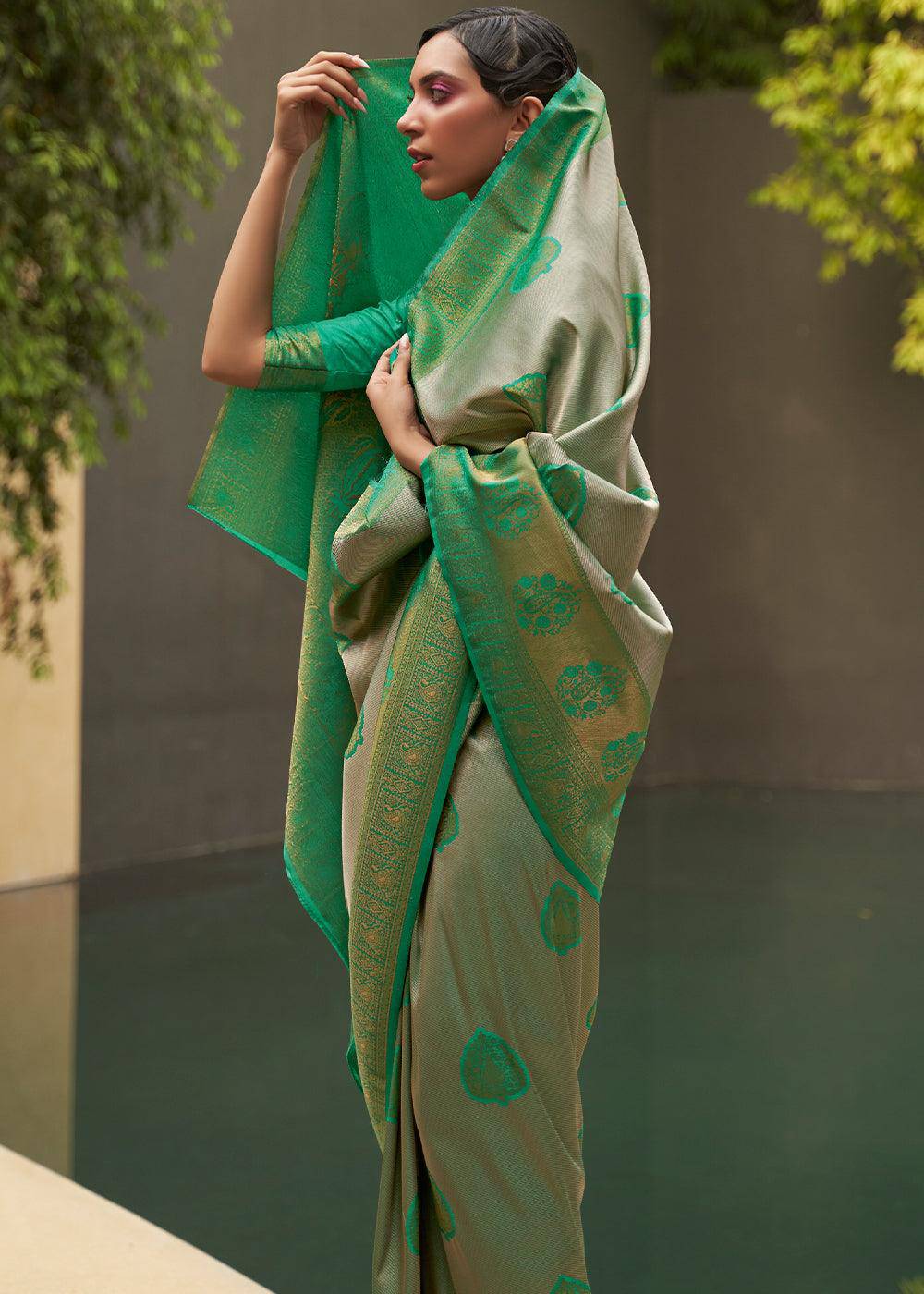 Green & Grey Two Tone Woven Silk Saree | Stitched Blouse - qivii