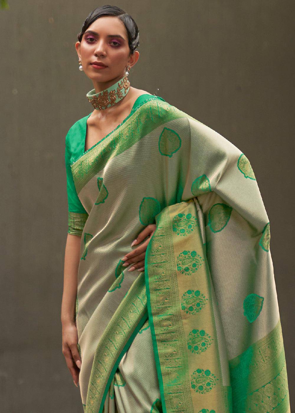 Green & Grey Two Tone Woven Silk Saree | Stitched Blouse - qivii